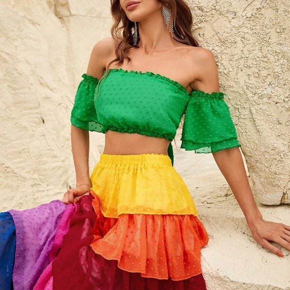 Multicolor Casual Womens Off Shoulder Crop Top & Colorblock Layered Hem Skirt - Picture 5 of 5